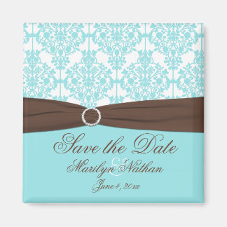 Aqua Blue, Brown, White Damask Save the Date Magneet