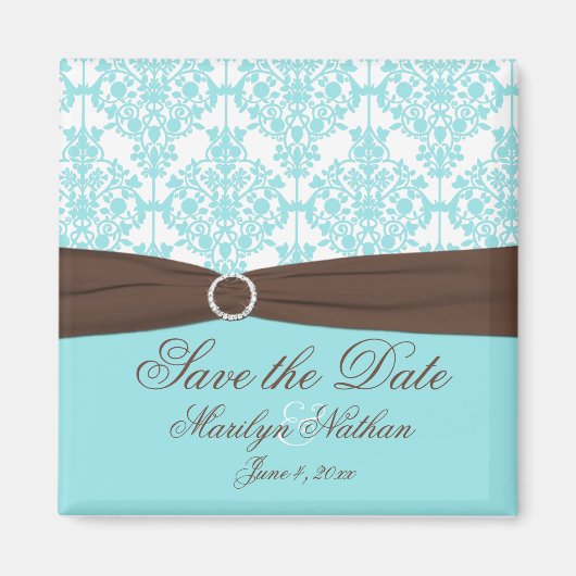 Aqua Blue, Brown, White Damask Save the Date Magneet (Voorkant)