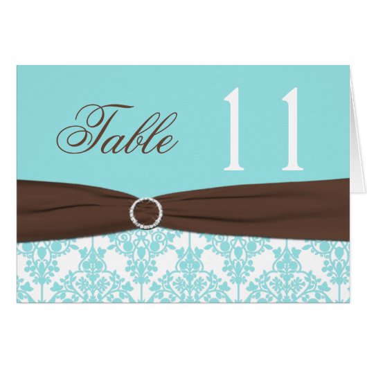 Aqua Blue, Brown, White Damask Table Number Card (Voorkant Horizontaal)