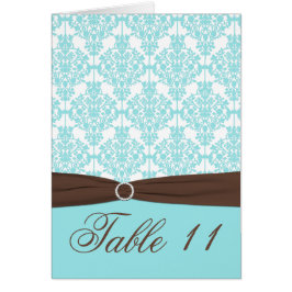 Aqua Blue, Brown, White Damask Table Number Card