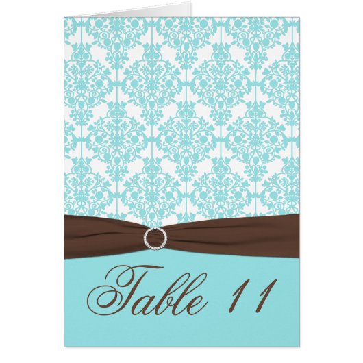 Aqua Blue, Brown, White Damask Table Number Card (Voorkant)