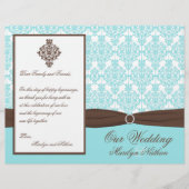 Aqua Blue, Brown, White Damask Wedding Programme (Voorkant)
