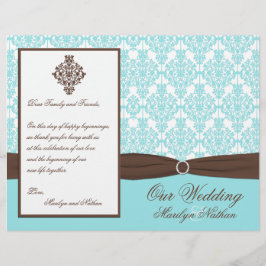 Aqua Blue, Brown, White Damask Wedding Programme