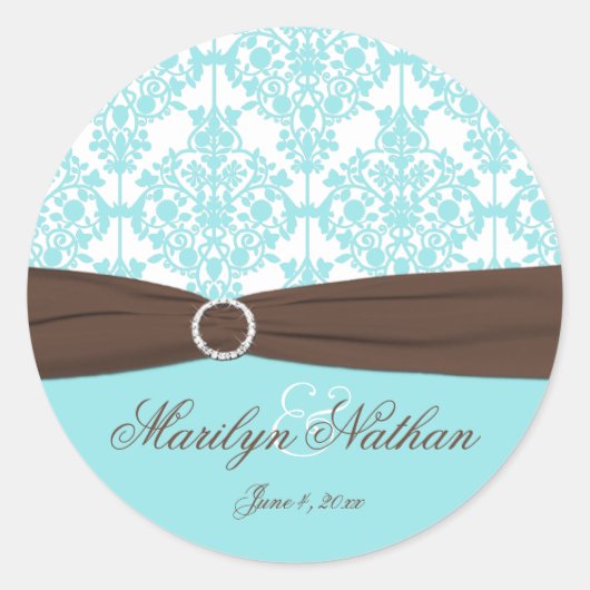 Aqua Blue, Brown, White Damask Wedding Sticker (Voorkant)
