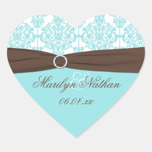 Aqua Blue, Brown, White Damask Wedding Sticker (Voorkant)