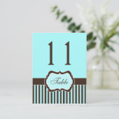 Aqua Blue, Brown, White Stripe Damask Table Number Briefkaart (Staand voorkant)