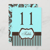 Aqua Blue, Brown, White Stripe Damask Table Number Briefkaart (Voorkant / Achterkant)