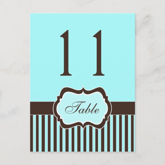 Aqua Blue, Brown, White Stripe Damask Table Number Briefkaart (Voorkant)