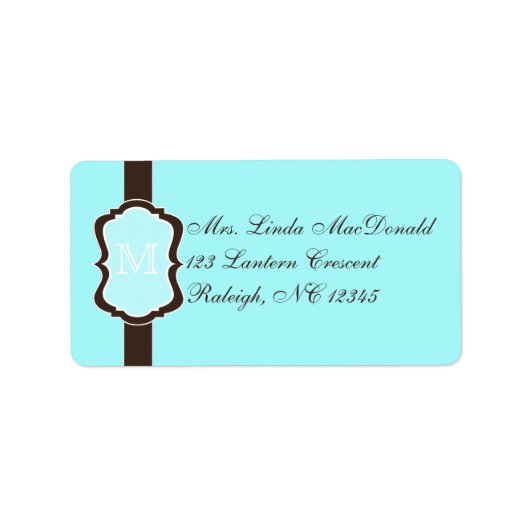 Aqua Blue, Bruin, White Monogrammed Address Label (Voorkant)