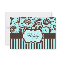 Aqua Blue, Bruin, White Striped Damask Reply Kaart