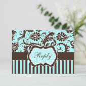 Aqua Blue, Bruin, White Striped Damask Reply Kaart (Staand voorkant)