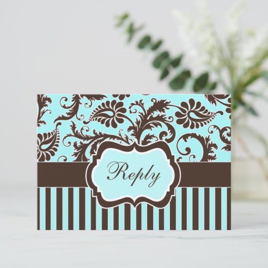 Aqua Blue, Bruin, White Striped Damask Reply Kaart (Staand voorkant)