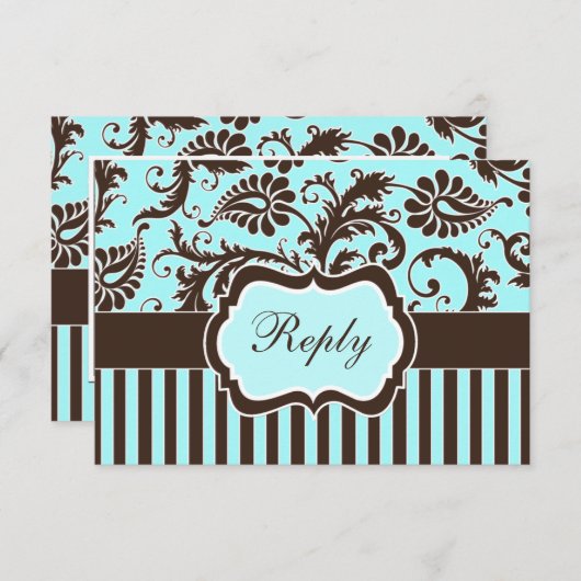 Aqua Blue, Bruin, White Striped Damask Reply Kaart (Voorkant / Achterkant)