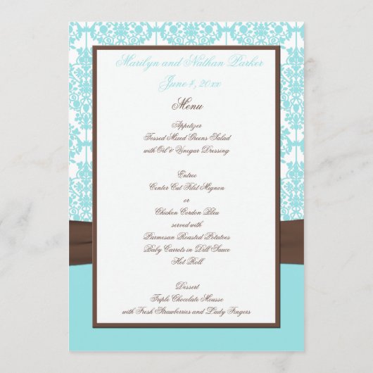 Aqua Blue, Bruin, Wit Damask Menu Kaart (Achterkant)