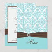 Aqua Blue, Bruin, Wit Damask Menu Kaart (Voorkant / Achterkant)