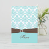Aqua Blue, Bruin, Wit Damask Menu Kaart (Staand voorkant)