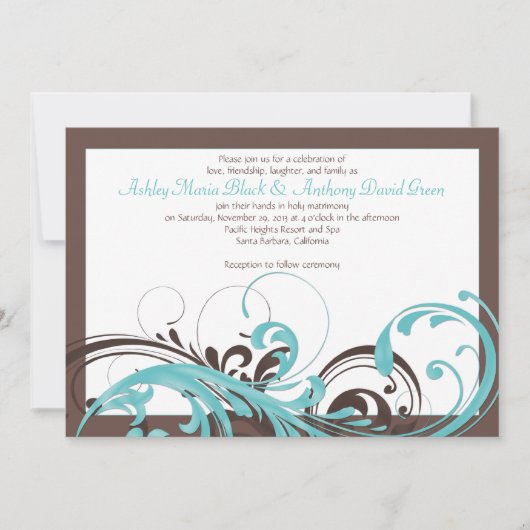 Aqua Blue, bruine Floral Wedding Invitation Kaart (Voorkant)