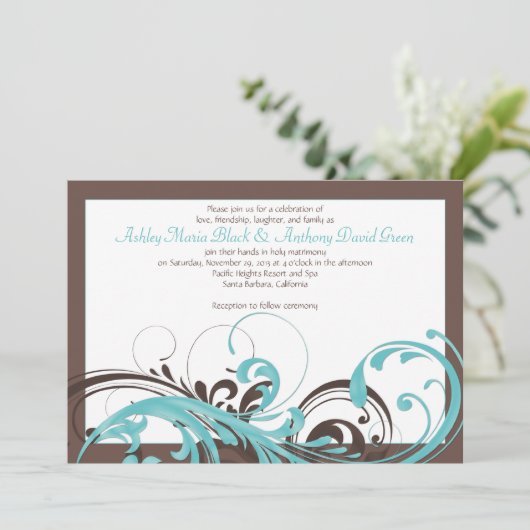 Aqua Blue, bruine Floral Wedding Invitation Kaart (Staand voorkant)