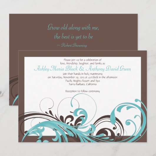 Aqua Blue, bruine Floral Wedding Invitation Kaart (Voorkant / Achterkant)