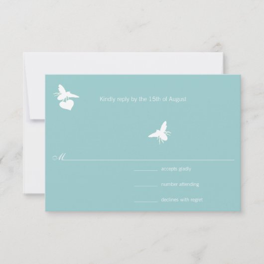 Aqua Blue Bumble Bee Heart Wedding RSVP Kaartje (Voorkant)