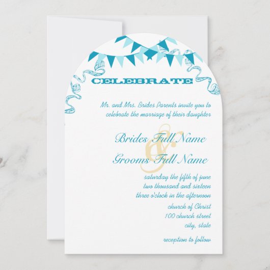 Aqua Blue Bunting Pennant bruiloft uitnodigingen (Voorkant)