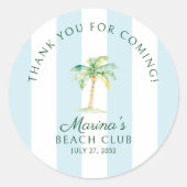 Aqua Blue Cabana Stripes Palm Beach Club Bedankt Ronde Sticker (Voorkant)