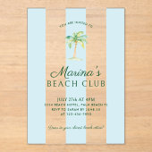 Aqua Blue Cabana Stripes Palm Beach Club Verjaarda Acryl Uitnodigingen (Voorkant)