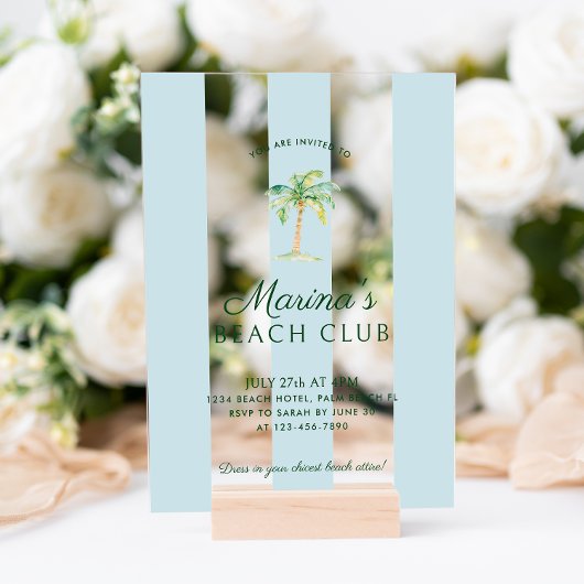 Aqua Blue Cabana Stripes Palm Beach Club Verjaarda Acryl Uitnodigingen