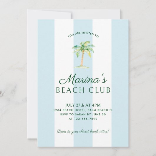 Aqua Blue Cabana Stripes Palm Beach Club Verjaarda Kaart (Voorkant)