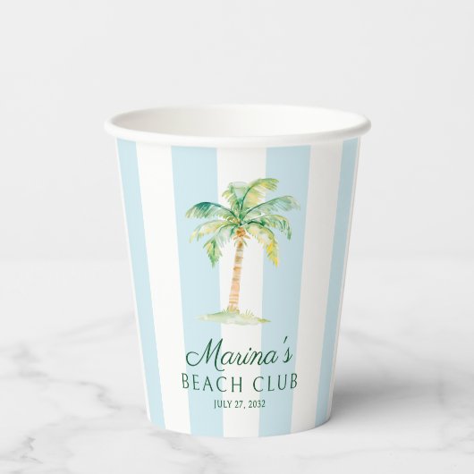 Aqua Blue Cabana Stripes Palm Beach Club Verjaarda Papieren Bekers (Achterkant)