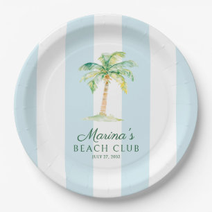 Aqua Blue Cabana Stripes Palm Beach Club Verjaarda Papieren Bordje
