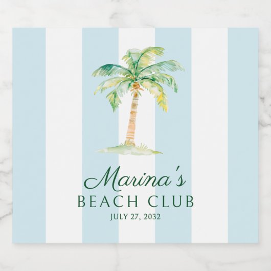 Aqua Blue Cabana Stripes Palm Beach Club Verjaarda Sparkling Wijnetiket (Enkel label)