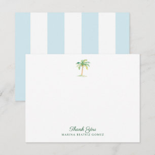 Aqua Blue Cabana Stripes Palm Tree Dank u Notitiekaartje