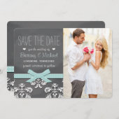 Aqua Blue Chalkboard Lace & Bow Save the Date Card (Voorkant / Achterkant)