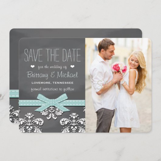 Aqua Blue Chalkboard Lace & Bow Save the Date Card (Voorkant / Achterkant)