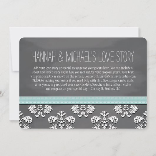 Aqua Blue Chalkboard Lace & Bow Save the Date Card (Achterkant)