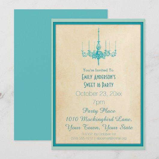 Aqua Blue Chandelier Sweet 16 Kaart (Voorkant / Achterkant)