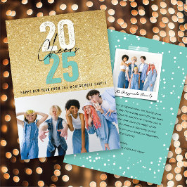 Aqua Blue Cheers 2025 Glitter Chic Nieuwjaarsfoto Feestdagenkaart