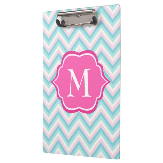 Aqua Blue Chevron Pink White Monogram Design Klembord (Links)