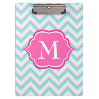 Aqua Blue Chevron Pink White Monogram Design Klembord