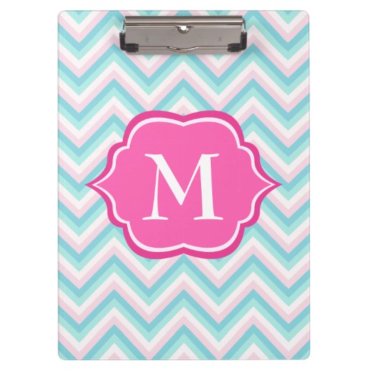 Aqua Blue Chevron Pink White Monogram Design Klembord (Voorkant)