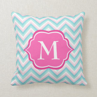 Aqua Blue Chevron Pink White Monogram Design Kussen