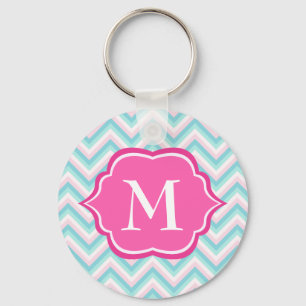Aqua Blue Chevron Pink White Monogram Design Sleutelhanger