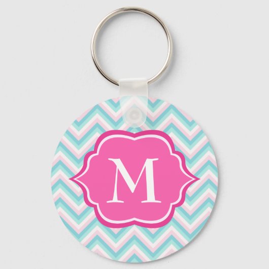 Aqua Blue Chevron Pink White Monogram Design Sleutelhanger (Voorkant)