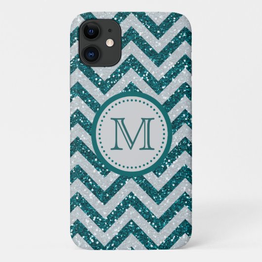Aqua Blue Chevron Silver Glitter Monogram Case-Mate iPhone Case (Achterkant)