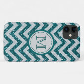 Aqua Blue Chevron Silver Glitter Monogram Case-Mate iPhone Case (Achterkant (horizontaal))