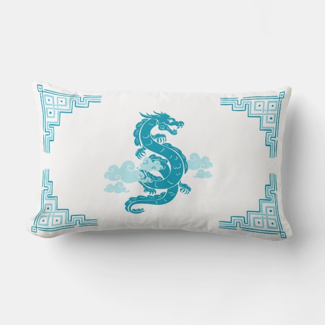 Aqua Blue Chinoiserie Dragon en wolken Kussen (Voorkant)
