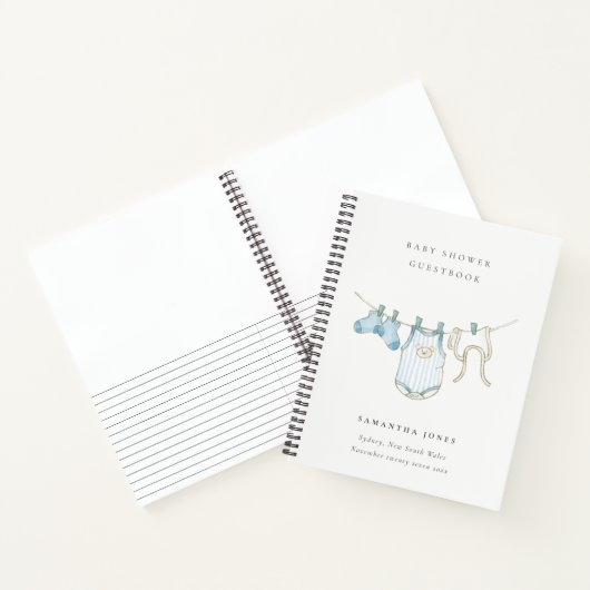 Aqua Blue Clothesline Boy Baby shower Gastenboek Notitieboek (Binnen)