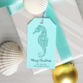 Aqua Blue Coastal Christmas Seahorse Glitter Cadeaulabel