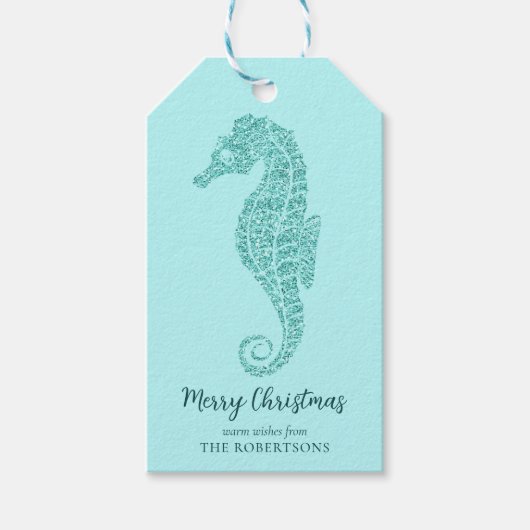 Aqua Blue Coastal Christmas Seahorse Glitter Cadeaulabel (Voorkant)